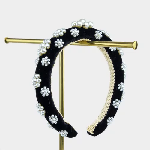 Black Silk Velvet Floral Pearl Hairband | Kate Harris Design