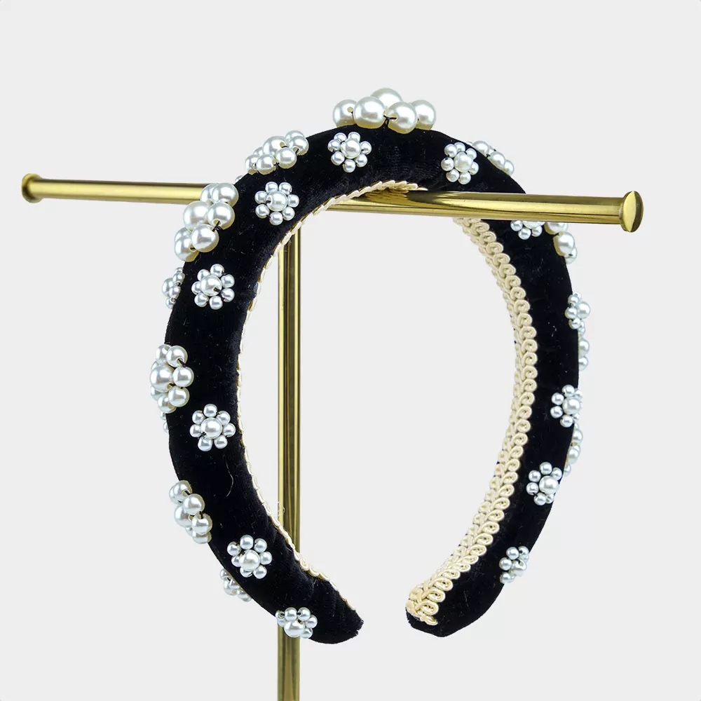 Black Silk Velvet Floral Pearl Hairband | Kate Harris Design