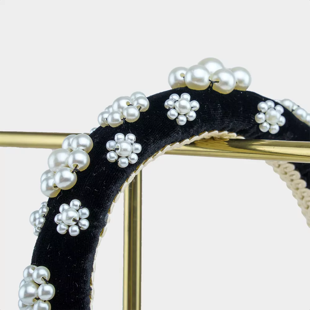 Black Silk Velvet Floral Pearl Hairband | Kate Harris Design