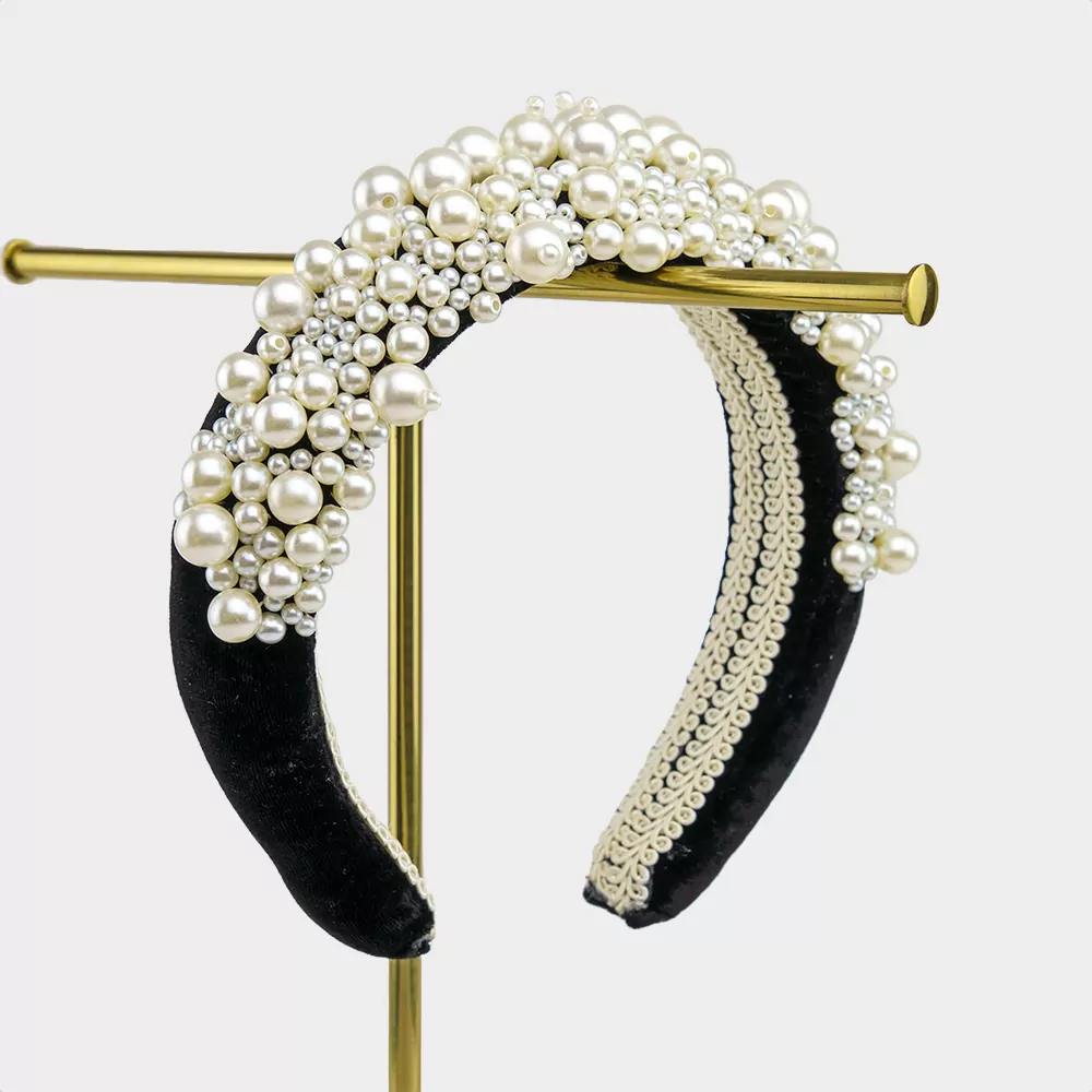 Black Silk Velvet Large Pearl Hairband | Kate Harris Design