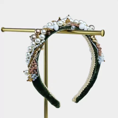 Dark Green Silk Velvet Pearl Crown Hairband | Kate Harris Design