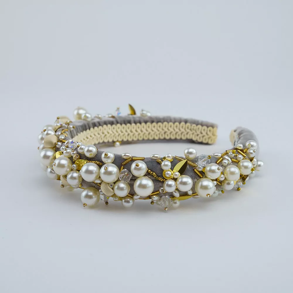 Silver Silk Velvet Pearl and Gold Leaf Hairband | Kate Harris Design