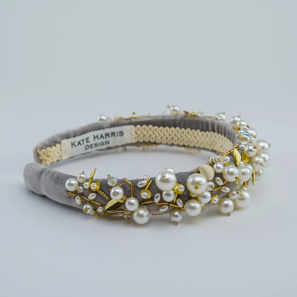 Silver Silk Velvet Pearl and Gold Leaf Hairband | Kate Harris Design