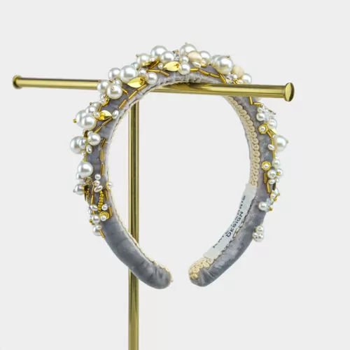 Silver Silk Velvet Pearl and Gold Leaf Hairband | Kate Harris Design