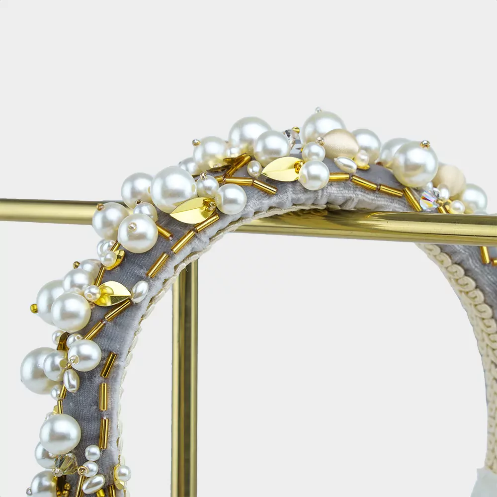 Silver Silk Velvet Pearl and Gold Leaf Hairband | Kate Harris Design