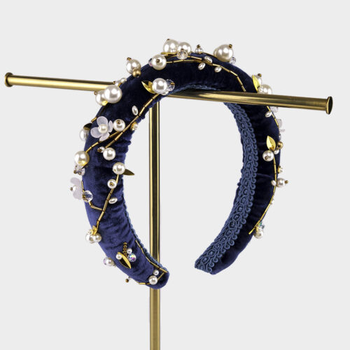 Midnight Navy Silk Velvet Pearl and Gold Leaf Hairband | Kate Harris Design