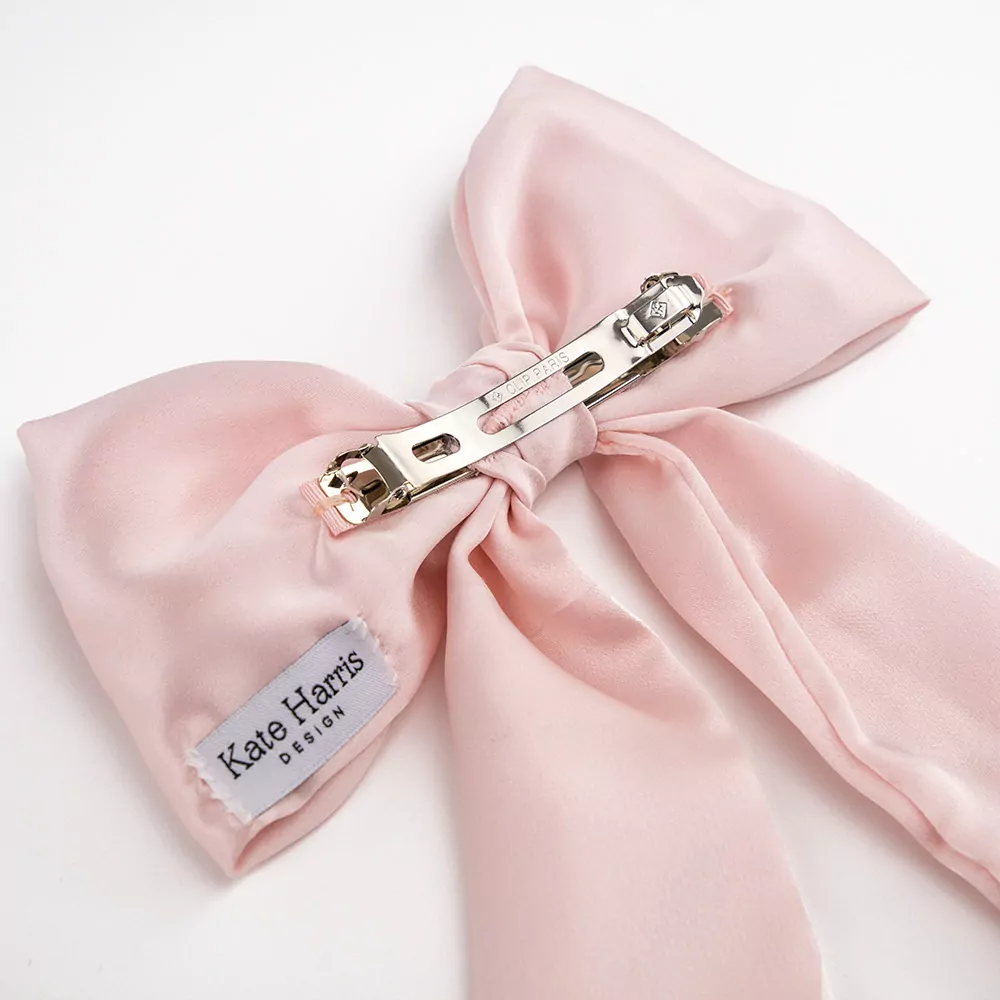Baby Pink Silk Satin Barrette Clip Bow | Kate Harris Design