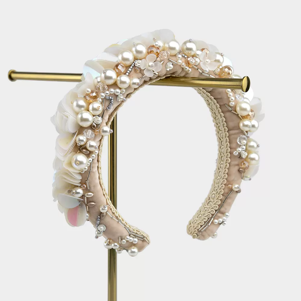 Rose Gold and Pearl Silk Velvet Hairband | Kate Harris Design