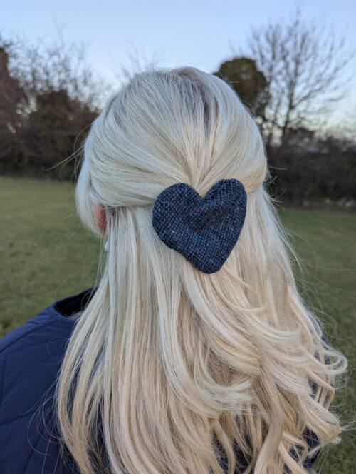 The Navy Fleck Donegal Tweed Heart Barrette | Kate Harris Design