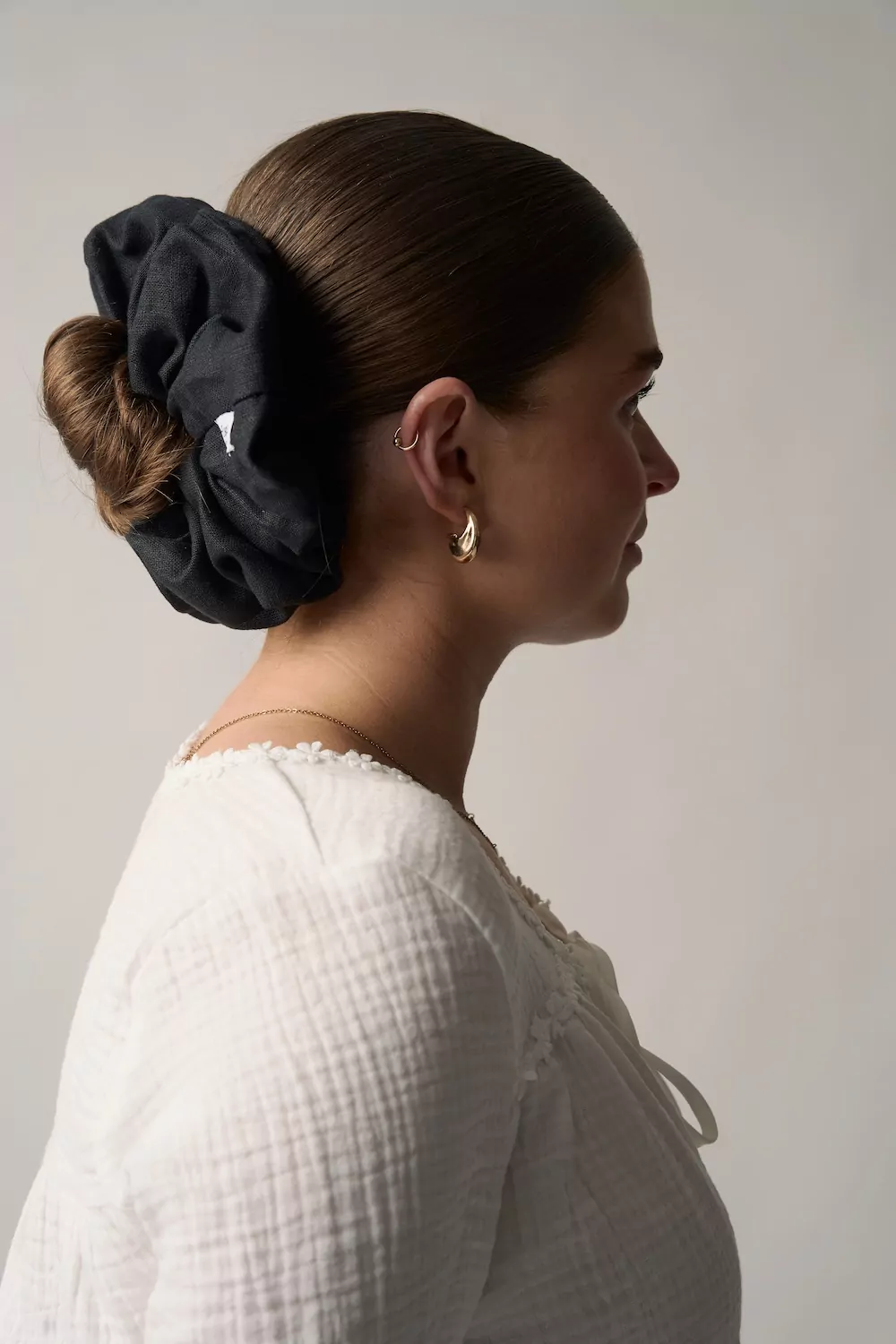 The irish Linen Bun Cover Black 2 | Linen Scrunchie | Kate Harris Design.jpg