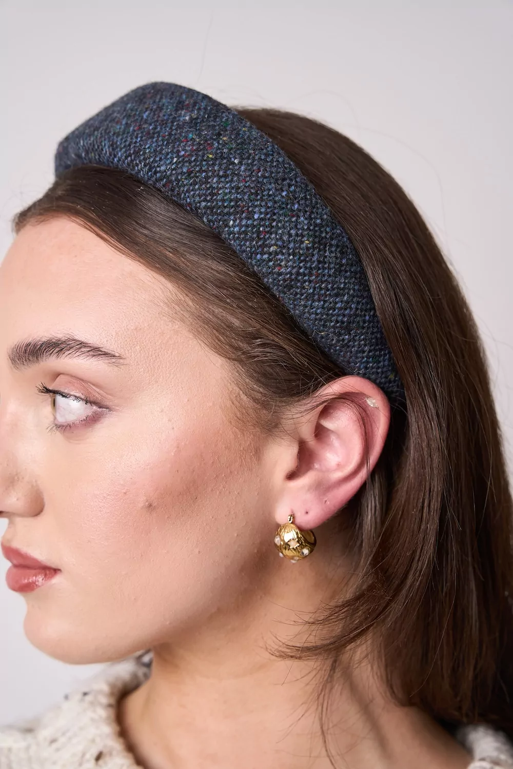 'The Navy Fleck' Wide Padded Donegal Tweed Hairband - Image 2